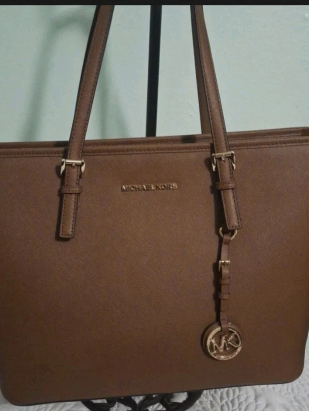 Michael Kors Cognac Leather Saffiano Tote with MK Charm - Picture 1 of 6